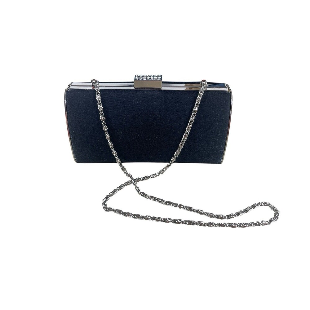 VTG Black Satin Evening Clutch Rhinestone Clasp Silver Chain Strap Formal Purse